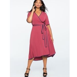 Eloquii Rose Wrap Midi Dress with Navy Trim